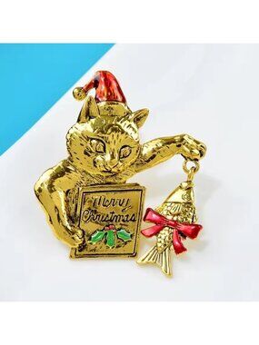 Golden Christmas Cat Brooch with Red Bow Fish Charm
